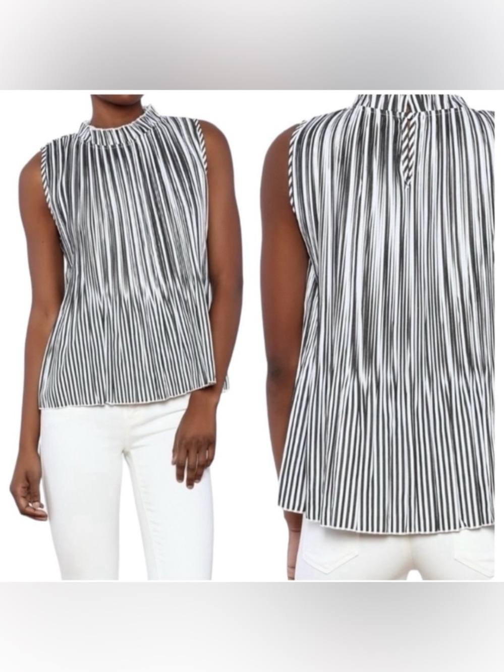 HYFVE Sleeveless Blouse Pleated Stripes Mock Neck Flowy Size Medium